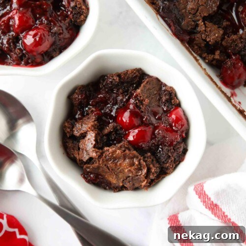 Warm chocolate cherry dump cake in a small bowl.