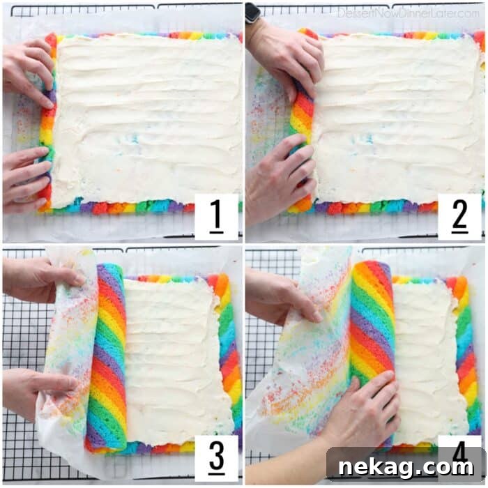 Steps of rolling up the rainbow cake roll with vanilla buttercream frosting inside.