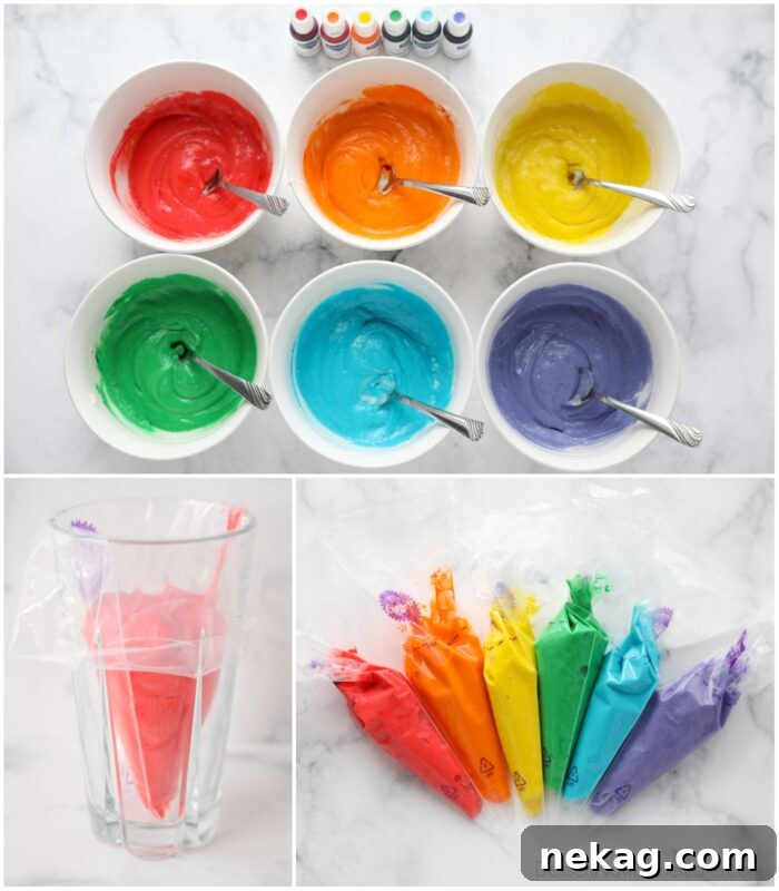 Collage. Using food coloring to color the cake batter. Then filling piping bags with the different colors.
