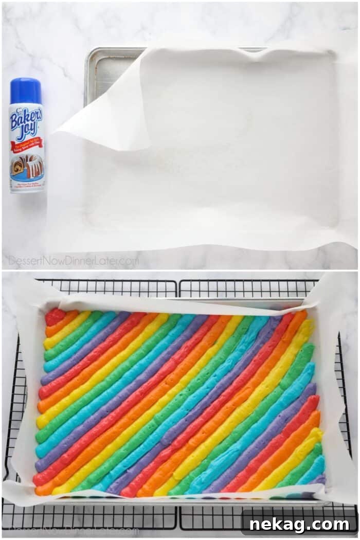 Two images. Preparing pan for cake roll. Then colored cake batter piped onto parchment paper in the order of a rainbow.