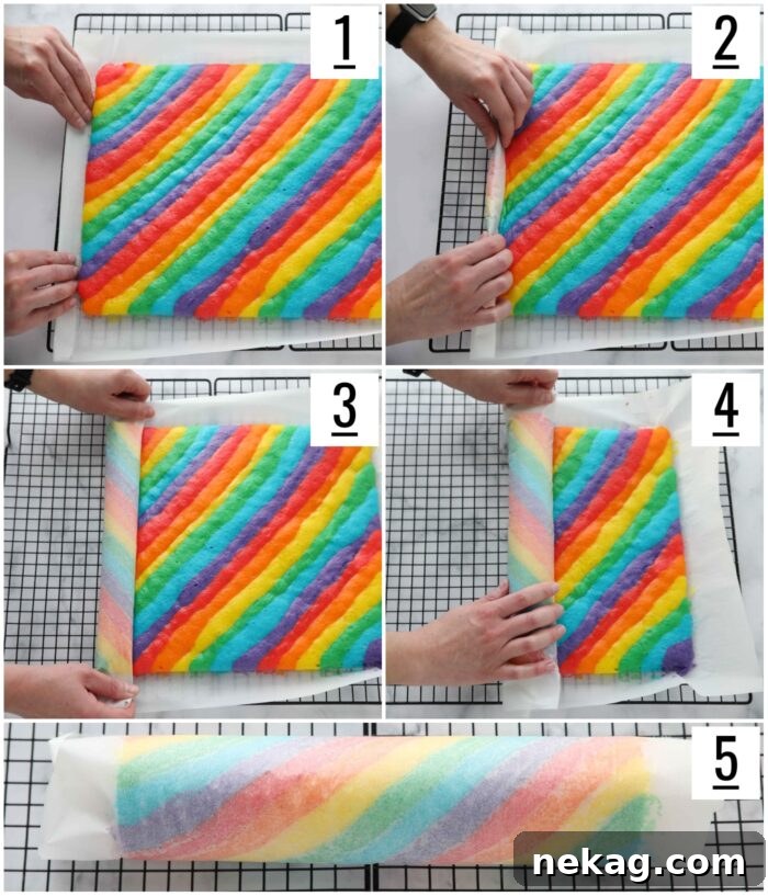 Steps to roll cake in parchment paper.