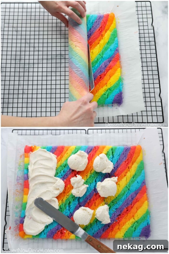 Two images. Unrolling the rainbow cake and spreading vanilla frosting on top.