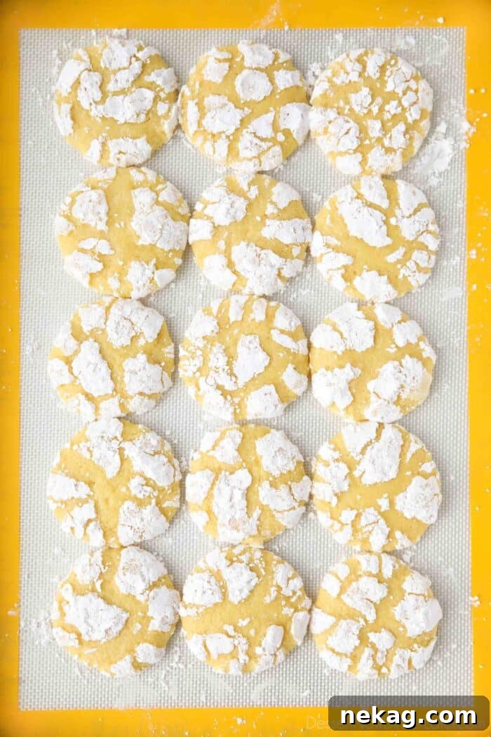 Powdered sugar coated lemon crinkle cookies on a silicone baking mat.