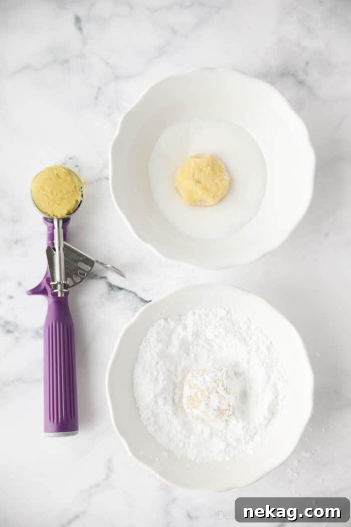 Portioned lemon cookie dough balls being coated in sugar, then powdered sugar.