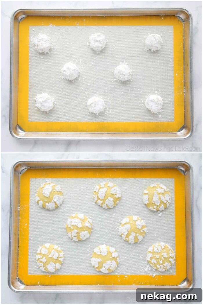 Before and after baking lemon crinkle cookies.