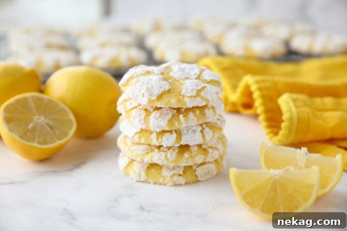 Stack of lemon crinkle cookies with powdered sugar on the outside.