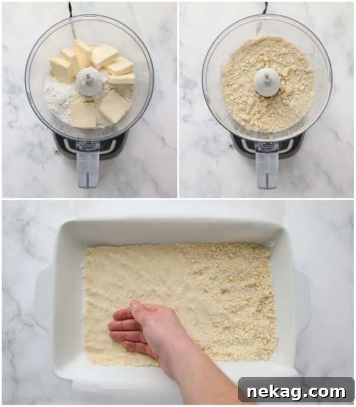 Golden Citrus Bars 5 Process of making a shortbread crust: combining ingredients in a food processor and pressing the mixture into a baking pan.