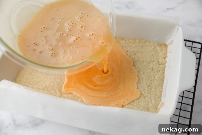 Golden Citrus Bars 7 The moment of pouring the glistening orange custard filling evenly onto the warm, pre-baked shortbread crust.