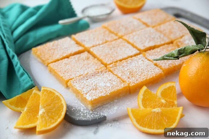 Golden Citrus Bars 8 A beautiful side view of perfectly set orange bars on a cutting board, highlighting the distinct layers of crust and custard.