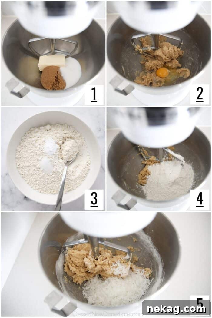 Irresistible Coconut Bites 5 Making cookie dough with shredded coconut.