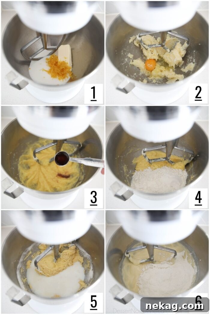 Zesty Lemon Coffee Cake 7 A visual guide showing steps for mixing lemon cake batter, from creaming butter and sugar to adding wet and dry ingredients.