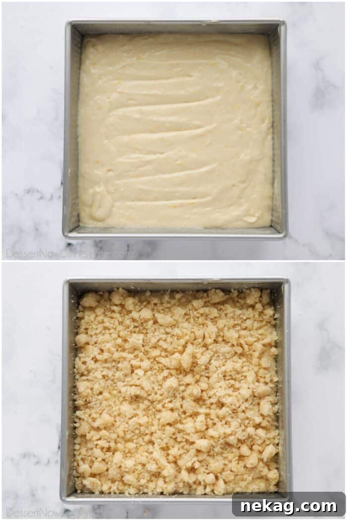 Zesty Lemon Coffee Cake 8 A two-part collage showing lemon cake batter spread in a baking pan, followed by the same pan with a generous layer of streusel crumbs sprinkled on top.