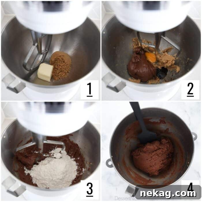 Step-by-step photos illustrating the process of mixing wet and dry ingredients for Nutella cookie dough using an electric mixer.