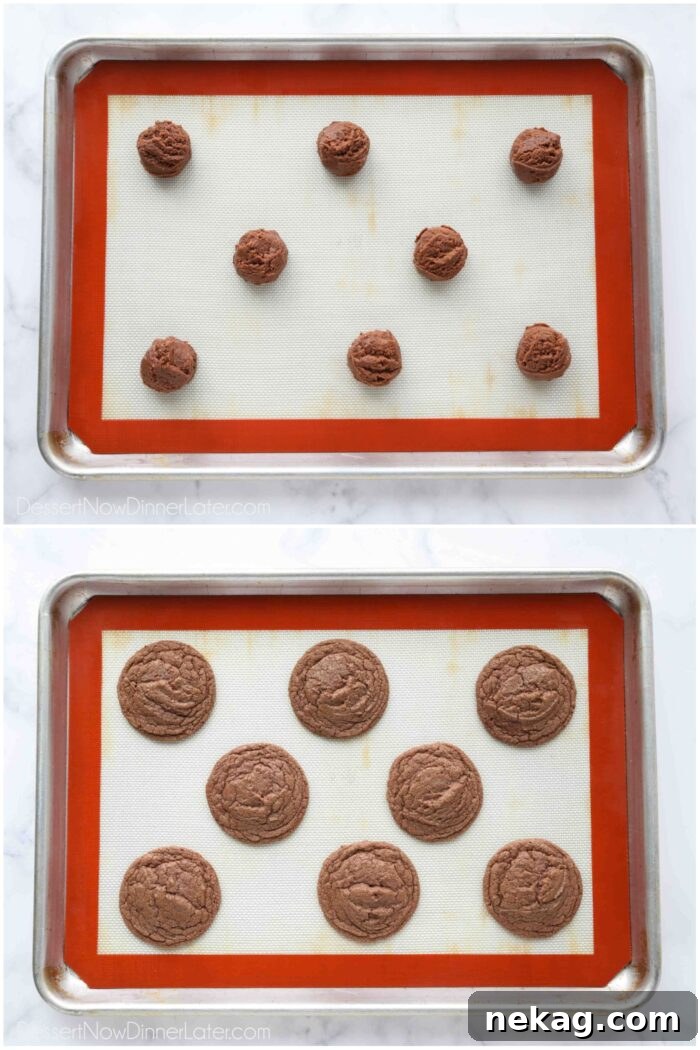 Before and after baking Nutella cookies, showing raw dough balls transforming into perfectly golden-brown, cracked cookies.