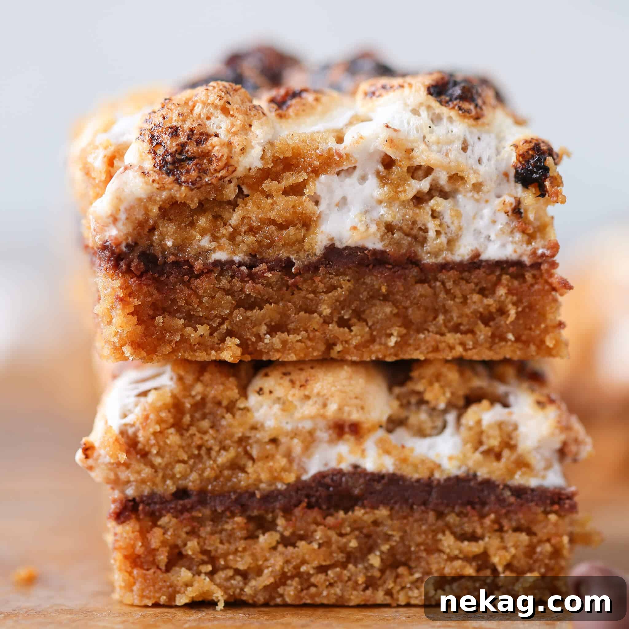 Close-up interior texture of Soft Chewy S'mores Crumble Bars, showing gooey layers