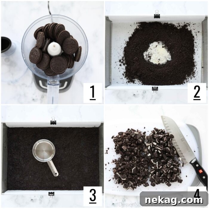 Oreo Crunch Cheesecake Bars 5 Step-by-step images showing how to prepare the Oreo crust, including crushed Oreos and chopped Oreos.