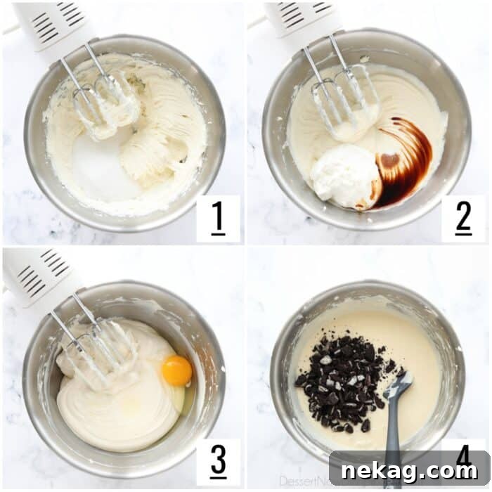 Oreo Crunch Cheesecake Bars 6 Visual steps illustrating how to mix the creamy Oreo cheesecake batter.