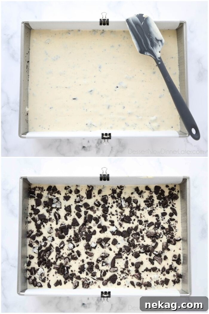 Oreo Crunch Cheesecake Bars 7 Images showing the Oreo cheesecake batter poured into the crust and then topped with more crushed Oreos before baking.