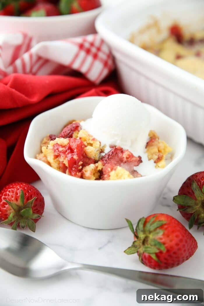 Effortless Strawberry Delight 5 A bowl of hot Strawberry Dump Cake with a generous scoop of melting vanilla ice cream on top, ready to be enjoyed.