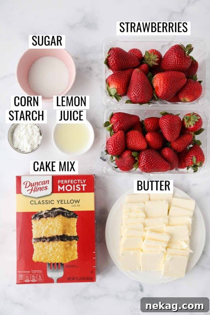 Effortless Strawberry Delight 4 A clear presentation of all six ingredients needed to make Strawberry Dump Cake, neatly laid out and labeled for easy identification.
