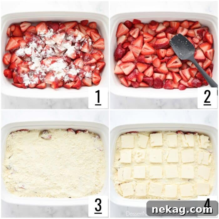 Effortless Strawberry Delight 6 A visual guide showing the progression of making Strawberry Dump Cake, from mixing fruit to layering cake mix and butter.