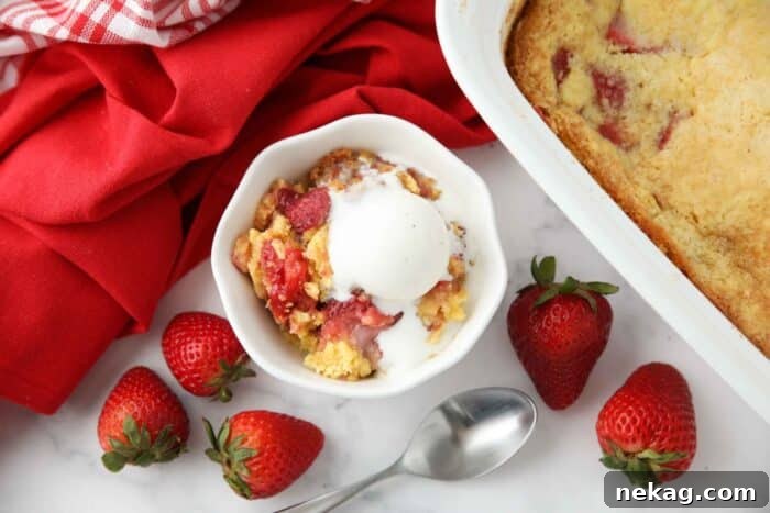 Effortless Strawberry Delight 8 A beautiful shot of Strawberry Dump Cake, elegantly served in a bowl with a melting scoop of vanilla ice cream, promising a delightful dessert experience.