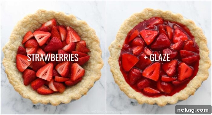 Filling a baked pie crust with strawberries and glaze.