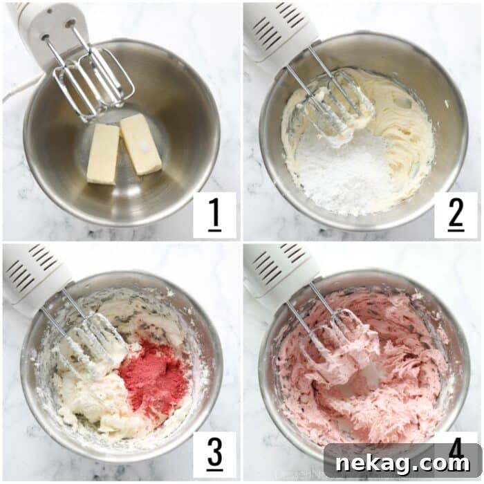 Sunshine Strawberry Lemonade Cupcakes 11 Collage image of steps to make Strawberry Frosting with freeze dried strawberries.