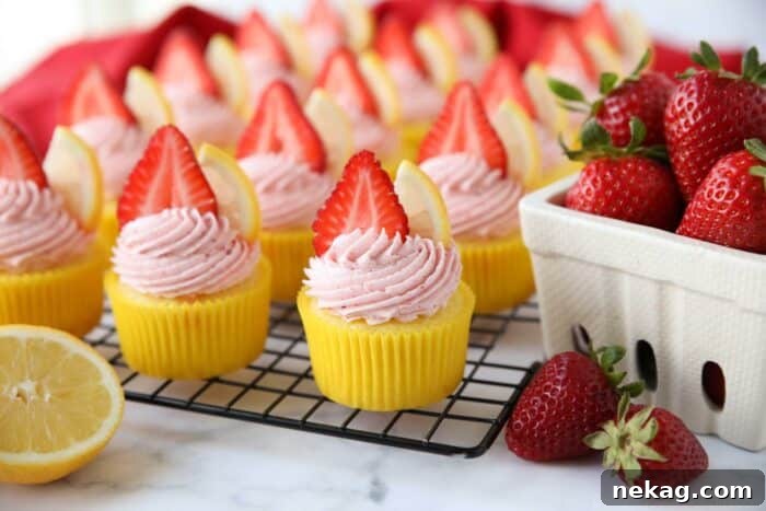 Sunshine Strawberry Lemonade Cupcakes 13 Strawberry Lemonade Cupcakes topped with slices of strawberries and lemons.