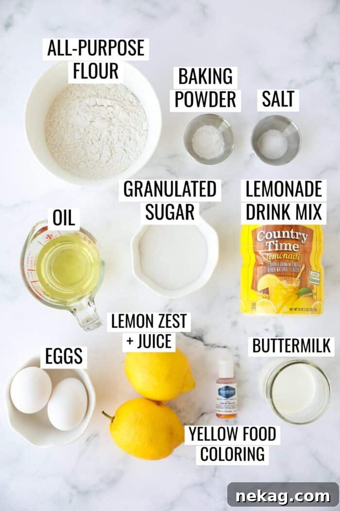 Sunshine Strawberry Lemonade Cupcakes 6 Labeled ingredients needed to make lemonade cupcakes, including lemonade drink mix.