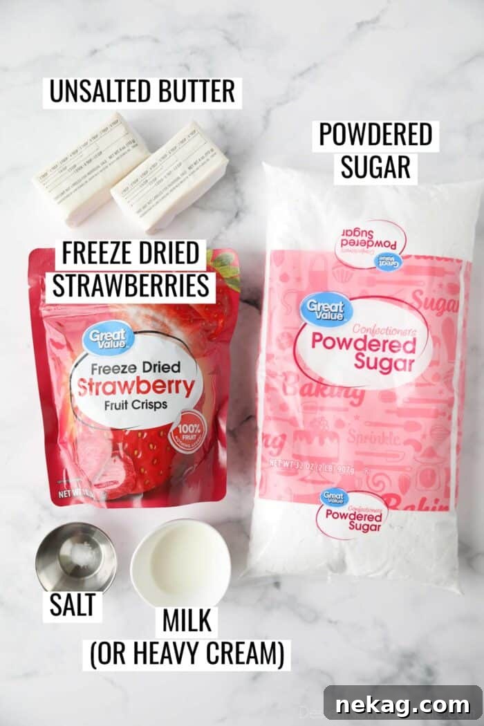 Sunshine Strawberry Lemonade Cupcakes 9 Labeled ingredients needed to make strawberry frosting with freeze dried strawberries.