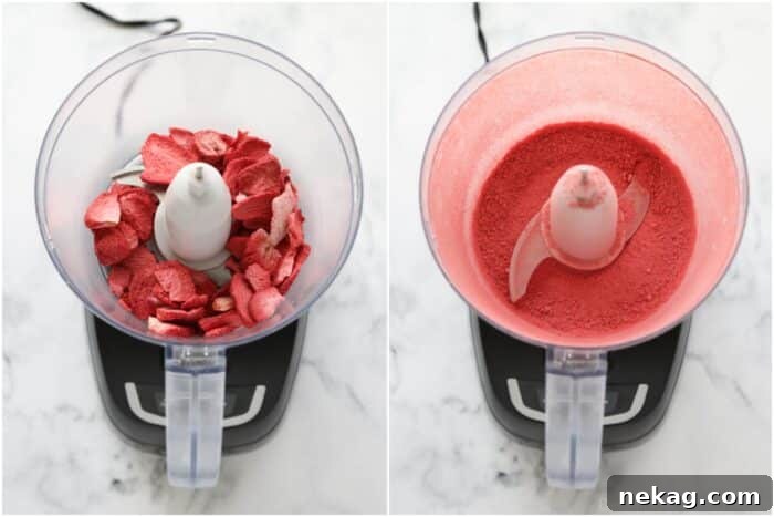 Sunshine Strawberry Lemonade Cupcakes 10 Blending freeze dried strawberries in a food processor.