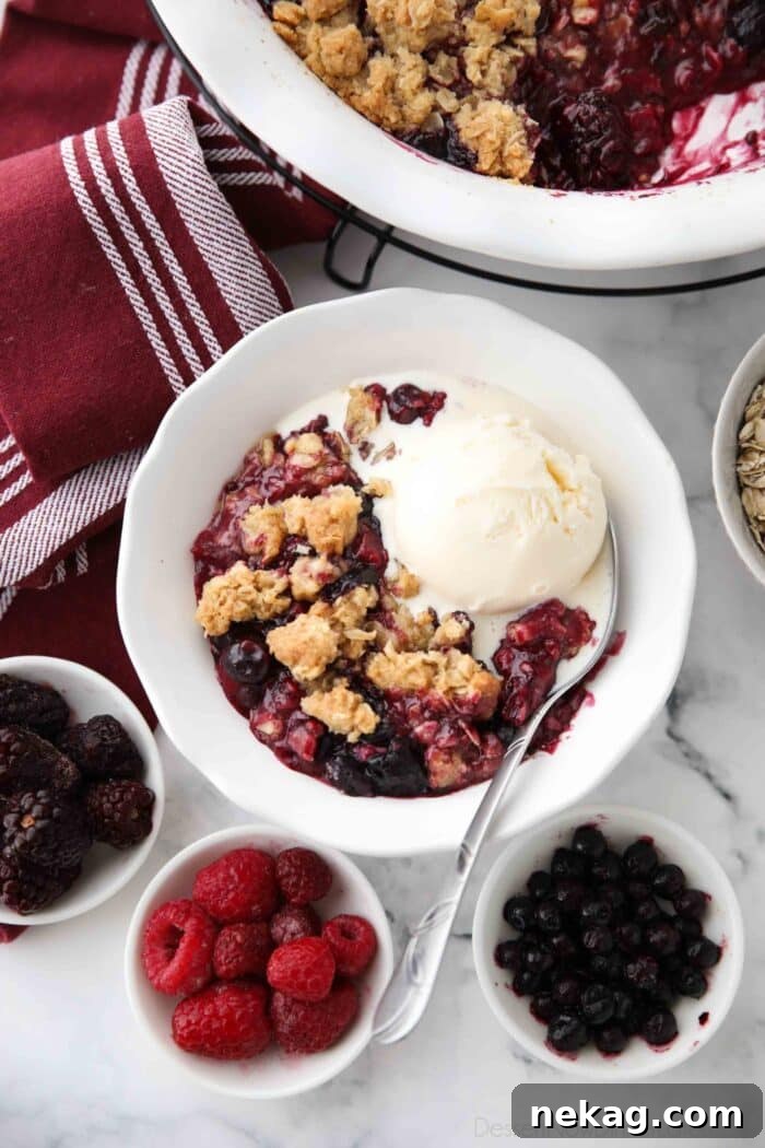 A bowl full of warm berry crisp, topped with a scoop of melting vanilla ice cream, ready to be enjoyed.