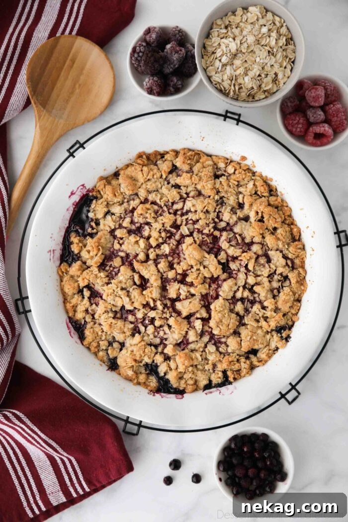 A golden-brown dish of baked berry crisp, showcasing the crispy topping and bubbling fruit underneath.