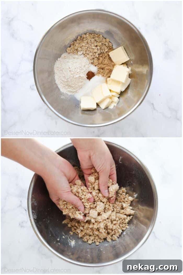 Hands mixing oats, flour, sugars, cinnamon, and cold butter to create the perfect crumb topping consistency.