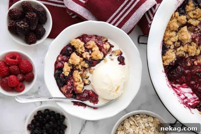 A serving of warm berry crisp in a bowl, generously topped with a scoop of vanilla ice cream that is gently melting.