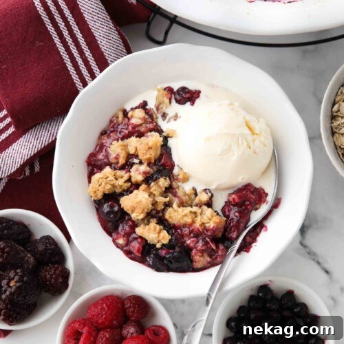 A bowl of warm berry crisp with melting vanilla ice cream on top.
