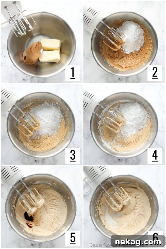 Velvet Peanut Butter Frosting 4 Steps to make peanut butter frosting with a bowl and an electric hand mixer.