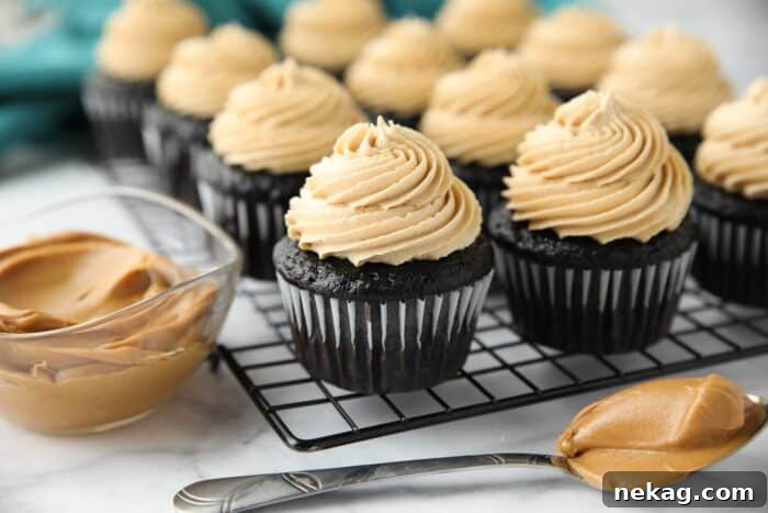 Velvet Peanut Butter Frosting 7 Peanut butter frosting piped on top of chocolate cupcakes.