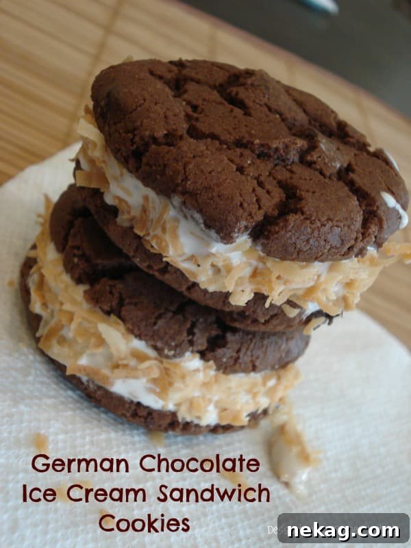Decadent German Chocolate Cookie Ice Cream Sandwiches on a plate