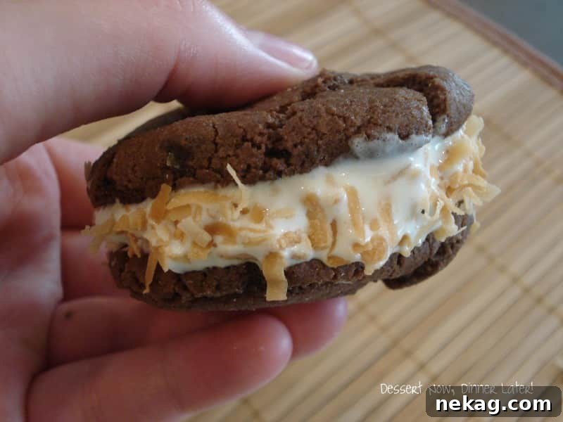 Close-up of a German Chocolate Ice Cream Sandwich with toasted coconut