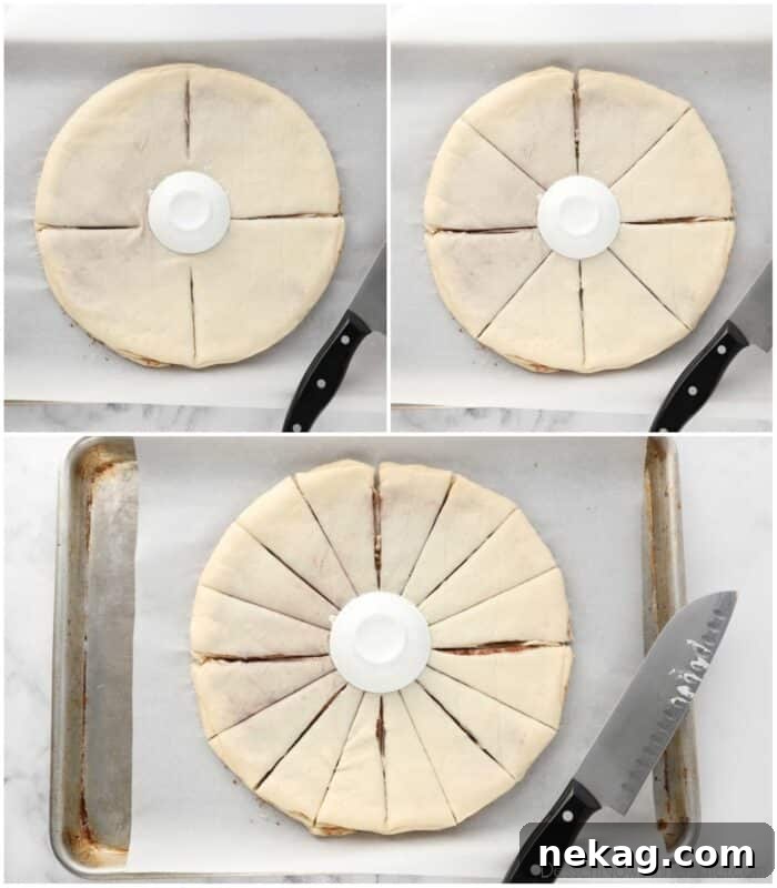 Cinnamon Swirl Star Bread 8 A step-by-step image demonstrating how to cut the layered dough into 16 strips, leaving the center intact, which is crucial for creating the star shape.