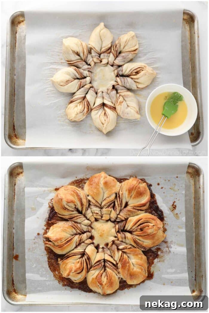 Cinnamon Swirl Star Bread 10 A comparison photo showing the Cinnamon Star Bread before baking (pale dough, intricate twists) and after baking (golden brown, puffed up, and perfectly formed).