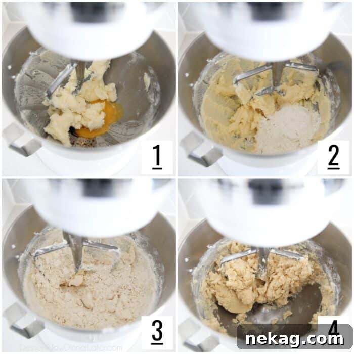Tangy Lemon Delights 5 A four-image collage illustrating the key stages of preparing shortbread cookie dough: creaming butter and sugar until light, adding wet ingredients, gradually incorporating dry ingredients, and the final combined dough in a stand mixer bowl, ready for shaping.