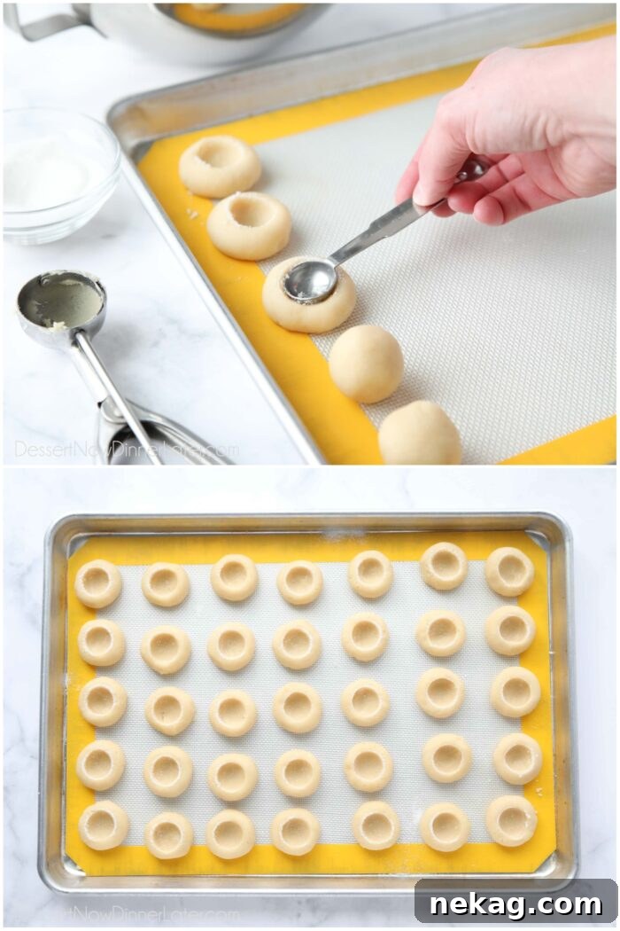 Tangy Lemon Delights 6 A two-image visual guide showing the shaping process of lemon thumbprint cookies. One image displays a measuring spoon gently pressing an indentation into a soft cookie dough ball. The second image shows a baking tray filled with perfectly indented cookie dough balls, ready for chilling, highlighting their uniform size and shape.