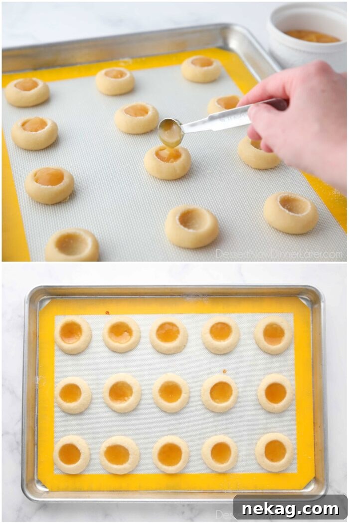 Tangy Lemon Delights 7 A two-image sequence showcasing the baking process of lemon thumbprint cookies. One image captures a small spoon delicately filling the indentations of cookie dough balls with bright yellow lemon curd. The second image presents a baking tray filled with freshly baked, golden cookies, their lemon curd centers beautifully set and glistening, ready for glazing.