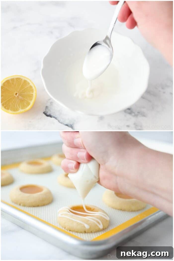 Tangy Lemon Delights 8 A two-part image illustrating the preparation and application of lemon glaze. One image shows a small bowl containing a smooth, creamy white glaze, with a spoon gently lifting some, demonstrating its perfect drizzling consistency. The second image captures the final artistic touch, with the white lemon glaze being piped in a delicate zig-zag pattern over the cooled, lemon curd-filled cookies, enhancing their visual appeal.