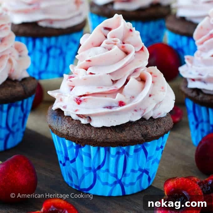 Velvet Chocolate Cherry Mascarpone Cloud Cupcakes 2 Decadent Double Chocolate Cupcakes crowned with silky Cherry Mascarpone Frosting, showcasing a beautiful dessert.