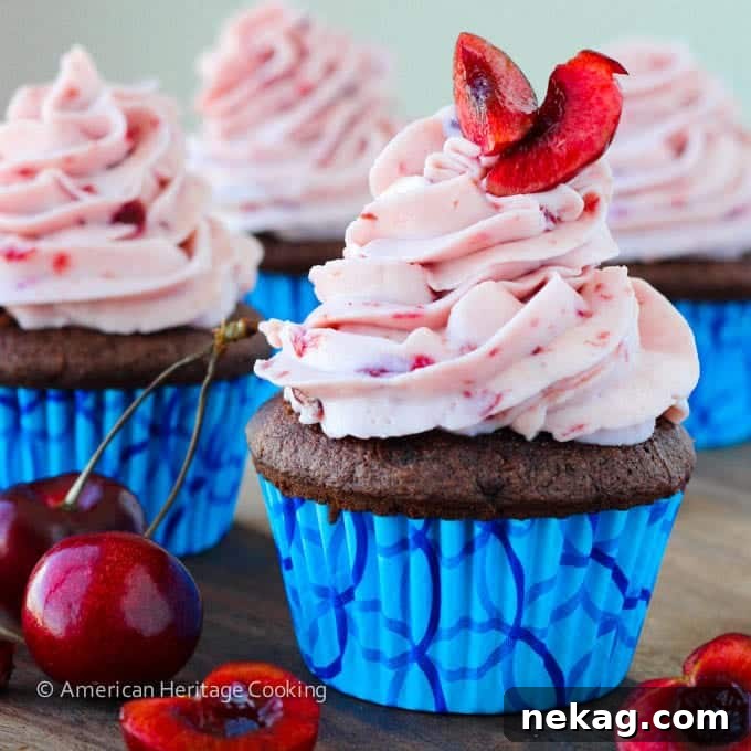 Velvet Chocolate Cherry Mascarpone Cloud Cupcakes 5 A close-up of the delicate swirl of Cherry Mascarpone Frosting atop a rich chocolate cupcake.