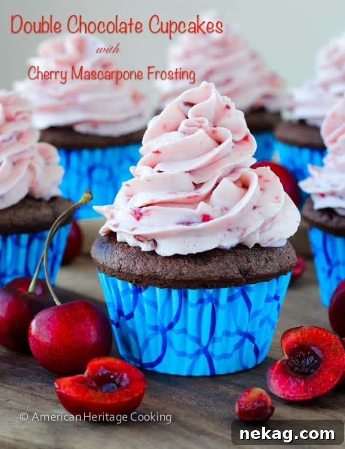 Velvet Chocolate Cherry Mascarpone Cloud Cupcakes 8 A beautifully arranged selection of Double Chocolate Cupcakes with Cherry Mascarpone Frosting.
